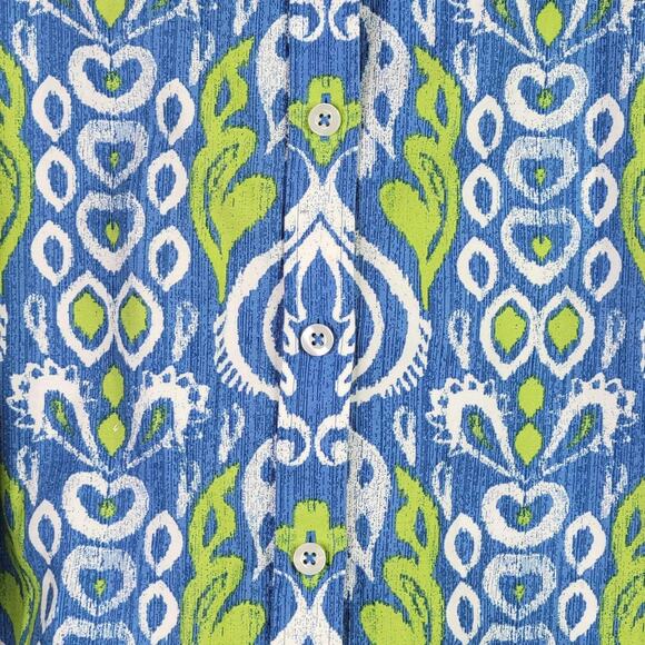 Chicos Shirt Women Size 2 US L Large Blue Green Ikat Cotton Stretch No Iron - Picture 4 of 9